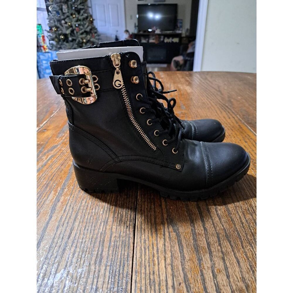 9.5 G by Guess Black Goldtone Lace Up Zip Chunky Heel Combat Boots Ankle Booties - Picture 4 of 7